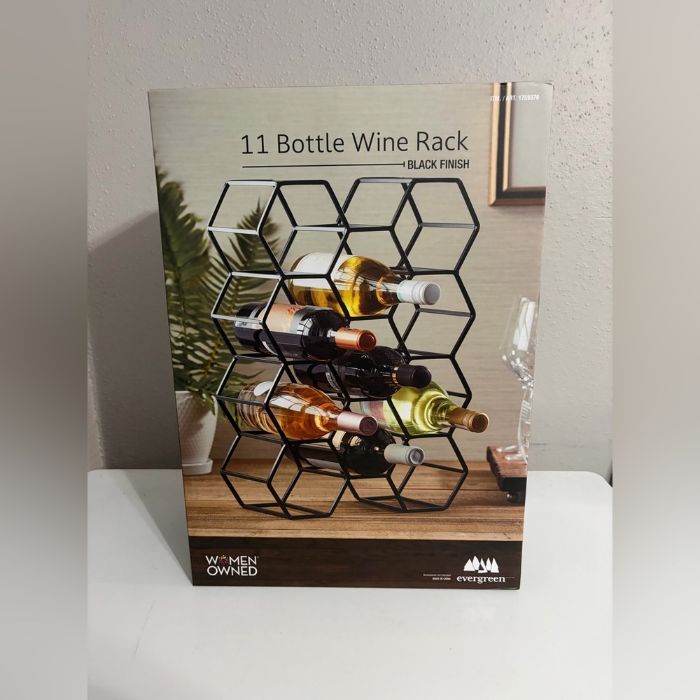 NEW Evergreen 11 Bottle Wine Rack Hexagon Black Finish Metal Storage Decor